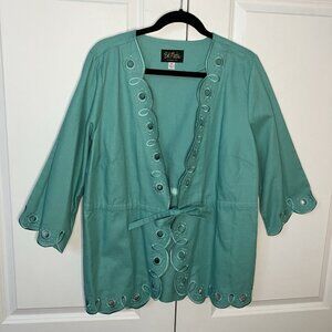 Bob Mackie Wearable Art 3/4 Sleeve Open Front Blazer Womens 1x Eyelet Teal